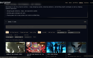 Hobbies page — the filterable 'Games I Love' list, one of the base site's ordinary content pages, ngxos untouched.