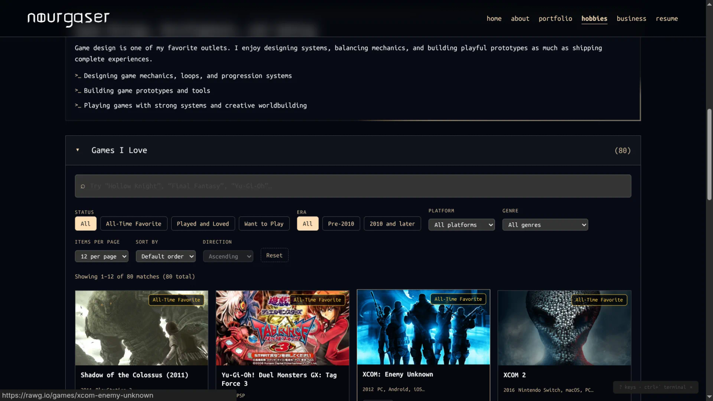 Hobbies page — the filterable 'Games I Love' list, one of the base site's ordinary content pages, ngxos untouched.