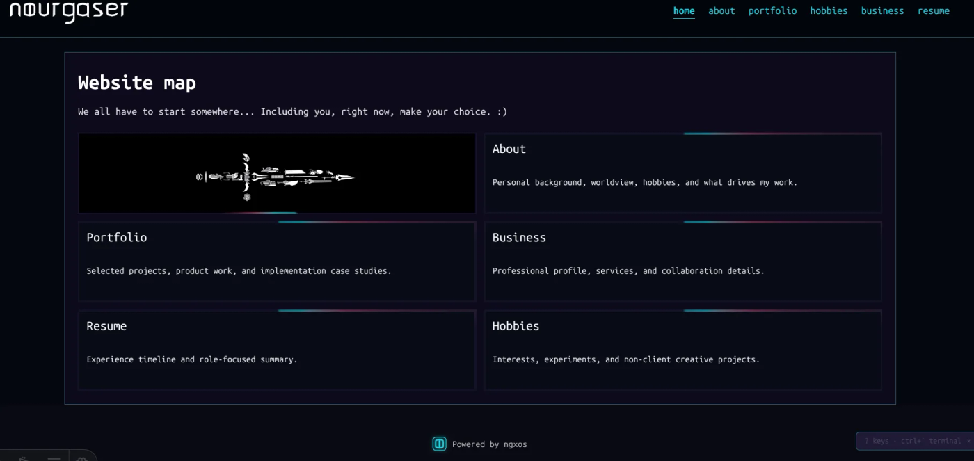 The same homepage at a narrower viewport width. The base site is ordinary responsive HTML/CSS underneath everything else.