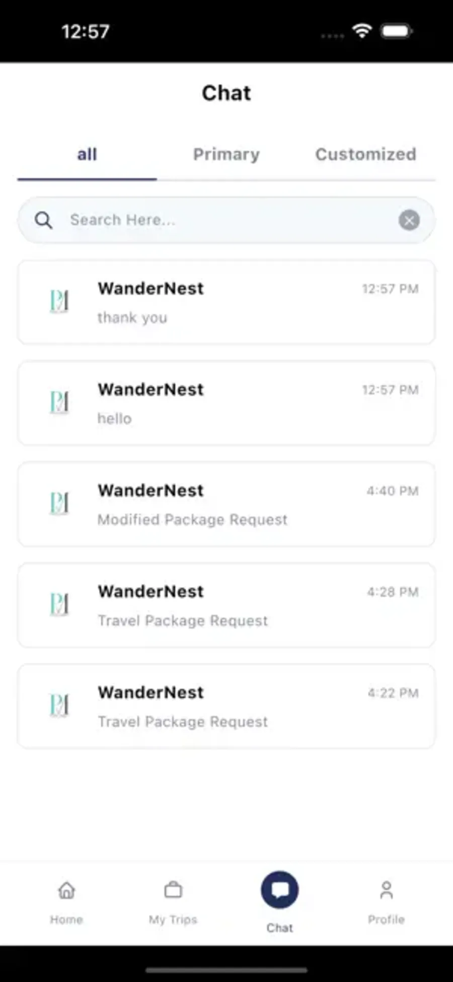 In-app chat between a traveler and a travel agency.