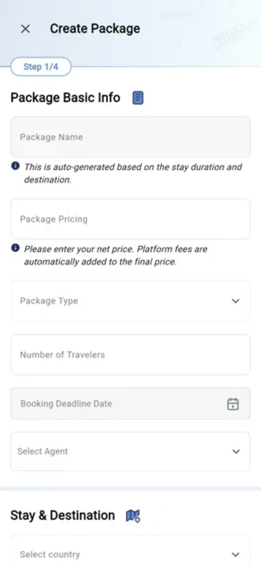Agency-side package creation flow.
