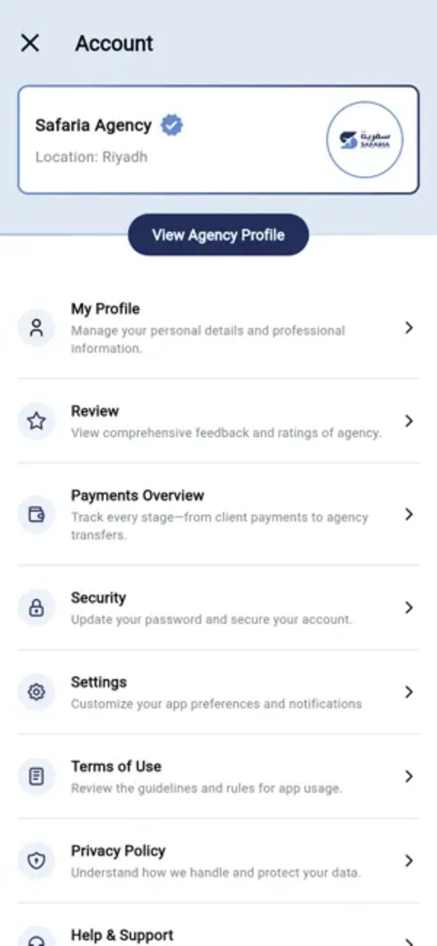 Agency account screen.