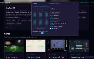 ngxos terminal open over the portfolio page in the vgcolors theme, running neofetch and help with the tab-completion menu open below.
