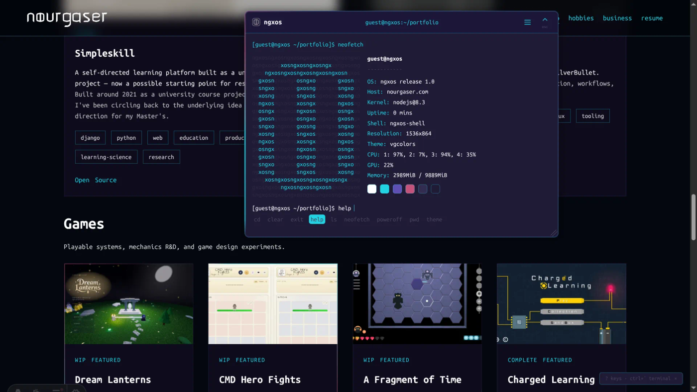 ngxos terminal open over the portfolio page in the vgcolors theme, running neofetch and help with the tab-completion menu open below.