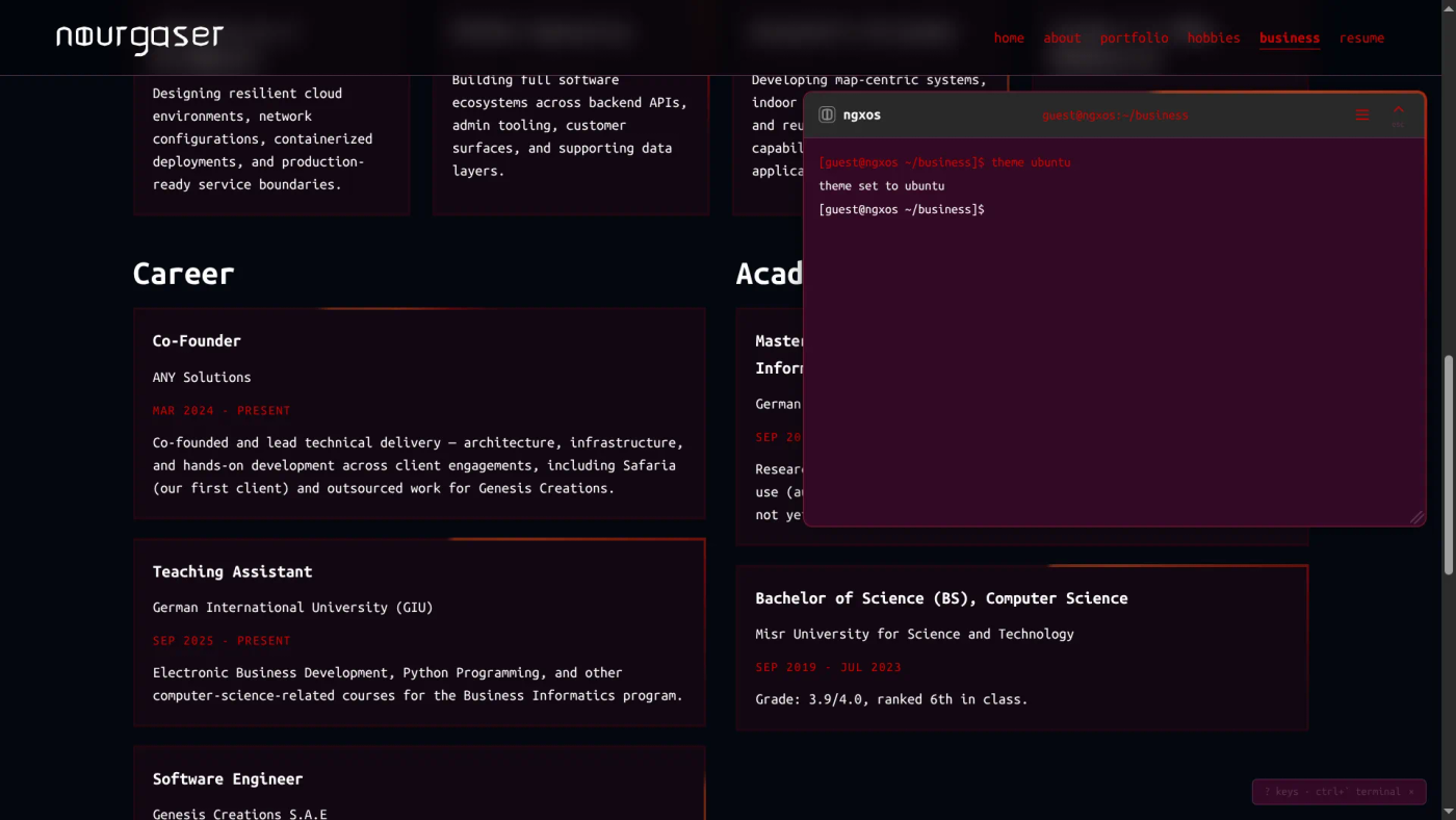 Switching themes live from the terminal ('theme ubuntu') over the business page — the whole site repaints instantly in the new palette.